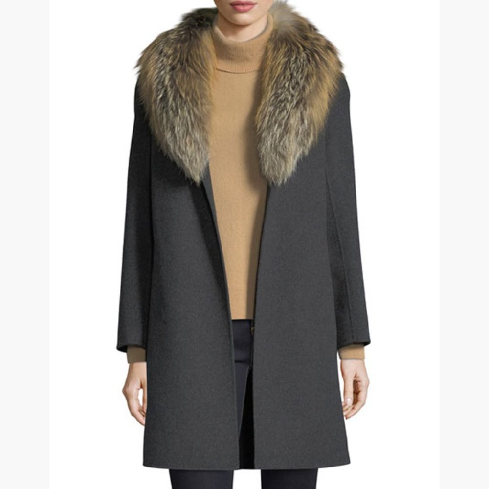 Women's Neiman Marcus Cashmere Collection Coat with Silver Fox Collar